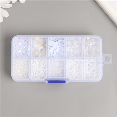 Бисер стекло 8/0, 12/0 в шкатулке «Белый», бусины, стеклярус и пайетки, 13×6.5×2.3 см