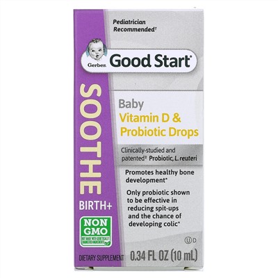 Gerber, Soothe, пробиотические капли с витамином D, для младенцев с рождения, 10 мл (0,34 жидк. унции)