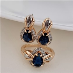 Комплект ювелирной бижутерии коллекция "Дубай" серьги и кольцо 20 р, покрытие позолота, вставка: фианиты, цвет: синий и прозрачный, арт.215.523-20