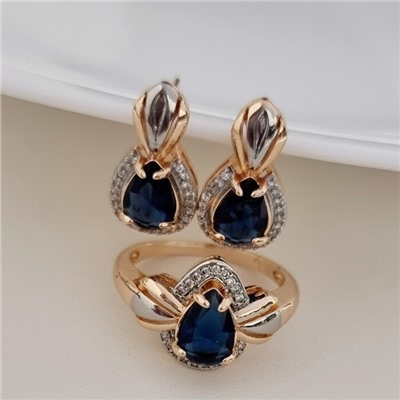 Комплект ювелирной бижутерии коллекция "Дубай" серьги и кольцо 18 р, покрытие позолота, вставка: фианиты, цвет: синий и прозрачный, арт.215.523-18