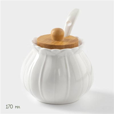 Набор фарфоровый сервировочный BellaTenero «Тюльпан», 4 предмета: молочник 200 мл, сахарница с крышкой 170 мл, бамбуковая подставка, ложка, белая