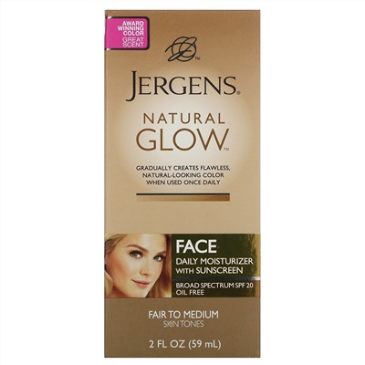 Jergens, Увлажняющее средство Natural Glow для ежедневного ухода за лицом, SPF 20, оттенок Fair to Medium, 59 мл