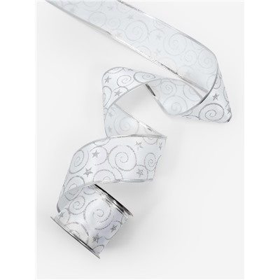 Лента атласная с металлической нитью «Узоры со звездой», 60 мм, 9±0.5 м, цвет белый, серебряный