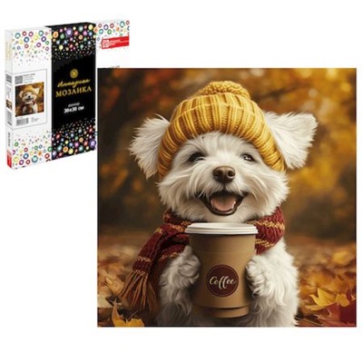 Алмазная мозаика по номерам 30х30 см (НА ПОДРАМНИКЕ) "ПЕСИК С КОФЕ" 71402 Феникс