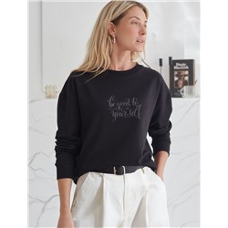 Свободный свитшот с принтом и разрезами из эластичного футера двухнитки без начеса