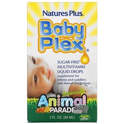 Nature's Plus, Source of Life, Animal Parade, Baby Plex, жидкие мультивитаминные капли без сахара, с натуральным вкусом апельсина, 2 жидкие унции (60 мл)