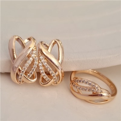 Комплект ювелирной бижутерии коллекция "Дубай" серьги и кольцо 19 р, покрытие позолота, вставка: фианиты, цвет: прозрачный, арт.314.838-19