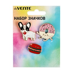 Набор значков "Music Dog" эмалированные, размер изделий: собака 2,2x2,4 см, пончик 2,4x2,6 см, макарун 2,1x1,5 см на карточке 7,0x9,5 см с пластиковым пакетом