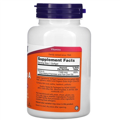 Now Foods, витамин A, 25 000 МЕ, 250 капсул