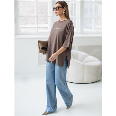 Футболка оверсайз с принтом стразами из премиального хлопка с эластаном