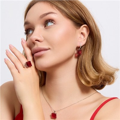 Комплект ювелирной бижутерии серьги, кулон и кольцо 20 р, покрытие посеребрение, вставка: фианит, цвет: красный, арт.313.148-20