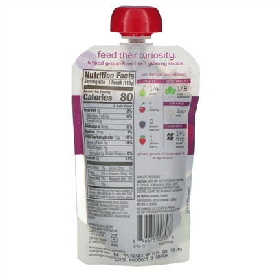 Plum Organics, Tots, Mighty 4, 4 Food Group Blend, Pear, Cherry, Blackberry, Strawberry, Black Bean, Spinach, Oat, 4 oz (113 g)