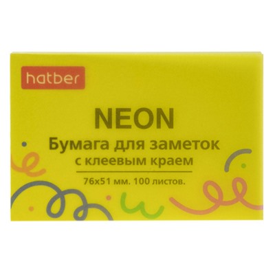 Бумага для заметок с клеевым краем 76х51 мм 100 листов "NEON" желтая 090327 Хатбер