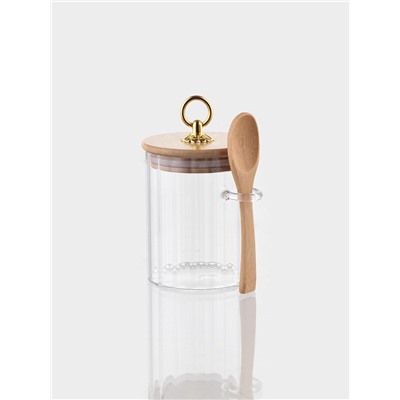 Сахарница BellaTenero, 500 мл, 8×8×10.4 см, с бамбуковой крышкой, держателем для ложки, стекло, прозрачная