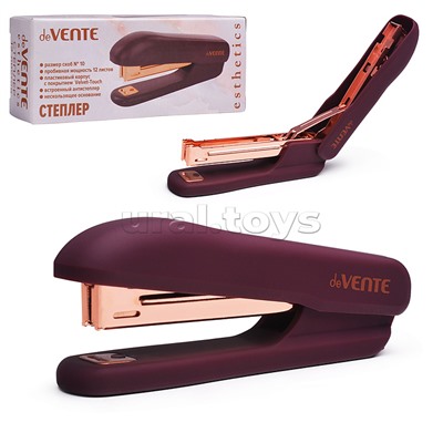 Степлер "Esthetics" № 10 (мощность 12 листов, глубина скрепления 50 мм) пластиковый, c покрытием Velvet Touch, со встроенным антистеплером, в картонной коробке, цвет бургунди, металлические детали цвета розового золота