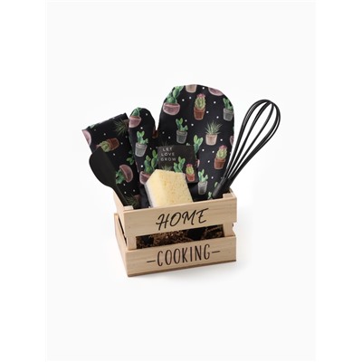 Кухонный набор «Этель» Home cooking: полотенце, варежка-прихватка, лопатка, венчик, губка
