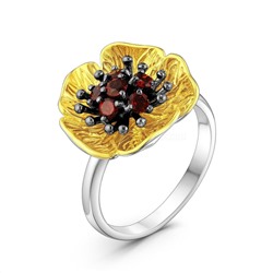Кольцо из серебра с нат.гранатом и позолотой родированное 925 пробы к-3598рз404