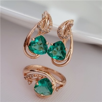 Комплект ювелирная бижутерия коллекция  "Дубай" серьги и кольцо 20 р, покрытие: позолота, вставка: фианиты, цвет: морская волна и прозрачный, арт.314.762-20