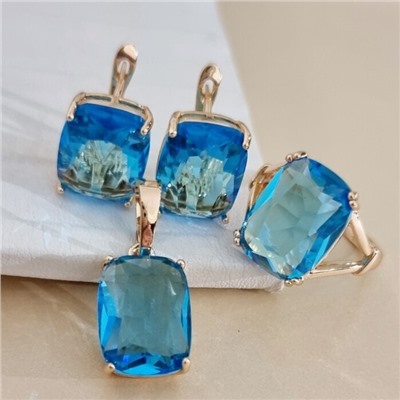 Комплект ювелирной бижутерии коллекция "Дубай" серьги, кулон и кольцо 19 р, покрытие позолота, вставка: стекло, цвет: голубой, арт.313.473-19