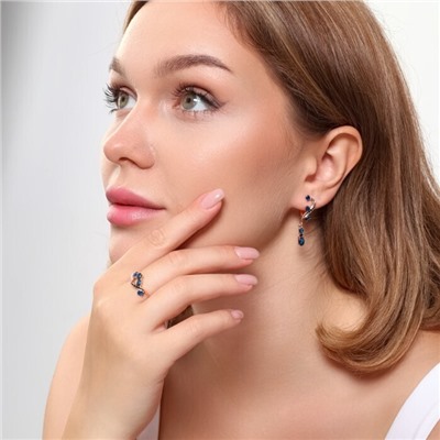 Комплект ювелирной бижутерии коллекция "Дубай" серьги и кольцо 18 р, покрытие позолота, вставка: фианиты, цвет: синий, арт.215.406-18