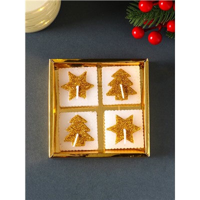 Набор свечей «Марки. Золотые ёлочки и звёзды», 4 шт., 10.5×10.5×3 см