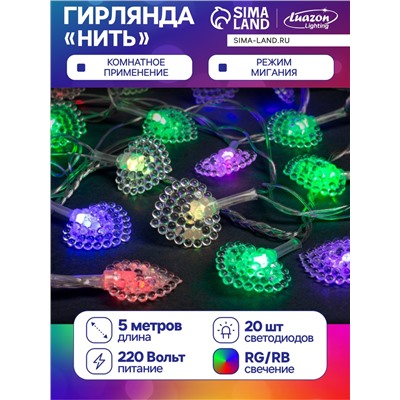 Гирлянда «Нить» 5 м с насадками «Сердце малое», IP20, прозрачная нить, 20 LED, свечение мульти (RG/RB), мигание, 220 В