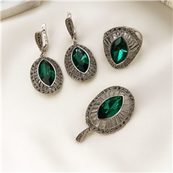 Комплект ювелирной бижутерии коллекция "Дубай" серьги, кулон и кольцо 19 р, покрытие посеребрение, вставка: стекло и марказиты, цвет: изумрудный и графитовый, арт.414.165-19