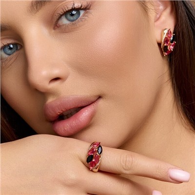 Комплект ювелирной бижутерии коллекция "Дубай" серьги и кольцо 19 р, покрытие позолота, вставка: фианиты и цирконы, цвет: розовый,черный и прозрачный, арт.215.667-19