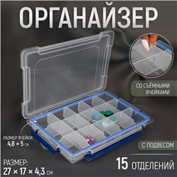 Органайзер для хранения мелочей, с подвесом, 15 ячеек, 27×17×4.3 см, прозрачный, синий