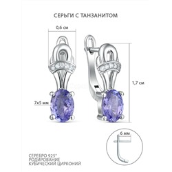 Серьги из серебра с танзанитом и кубическим цирконием родированные 925 пробы GTE-0001-TZ