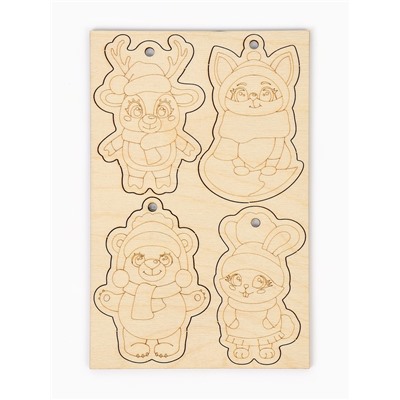 Роспись по дереву, елочные игрушки «Милые зверята», набор для творчества