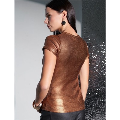 Футболка облегающая из хлопка в рубчик с V вырезом и матовым покрытием металлик