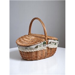 Плетёная корзина-лукошко, ткань внутри, 2 крышки, 33×25 см, Н 17/13 см, Н с ручкой 30 см, дно 23×16 см 1