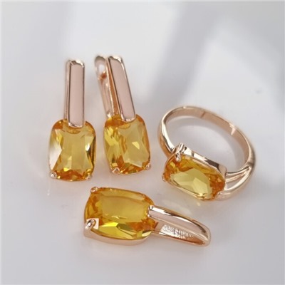 Комплект ювелирной бижутерии коллекция "Дубай" серьги, кулон и кольцо 17 р, покрытие позолота, вставка: фианиты, цвет: желтый, арт.215.387-17