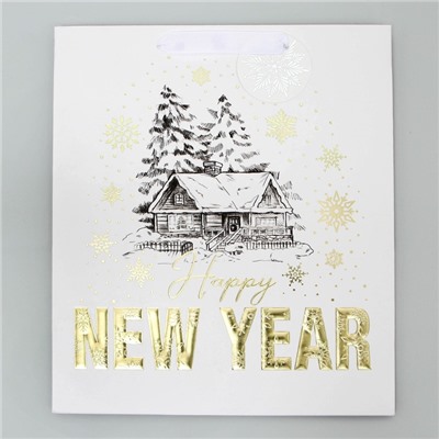 Пакет подарочный новогодний ламинированный, конгревное тиснение «Новогодний домик», ML 23×27×11.5 см