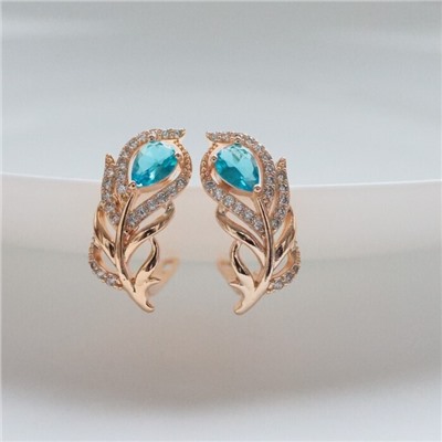 Серьги в форме пера ювелирная бижутерия коллекция "Дубай" покрытие: позолота, вставка: фианиты, цвет: голубой, арт.217.246