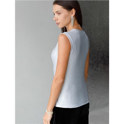 Топ с закрытым декольте из хлопка с эластаном в рубчик с матовым покрытием металлик