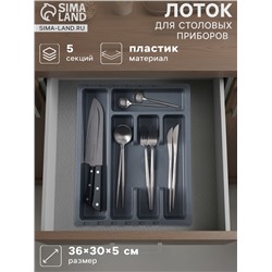 Лоток для столовых приборов раздвижной Martika «Смарт», 5 секций, 36×30×5 см, пластик, тёмно-серый