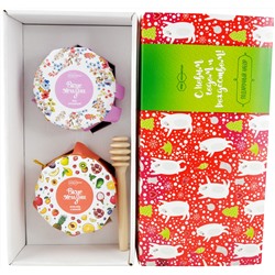 Подарочный набор "С Новым Годом и Рождеством Медведи" мёд с курагой, гречишный твист-офф  и ложечка медовая