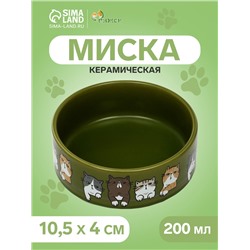 Миска керамическая «Парные коты» 200 мл - 10.5×10.5×4 см, зелёная