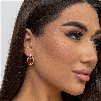 Серьги ювелирная бижутерия коллекция "Дубай" покрытие: позолота, вставка: янтарь и фианиты, 5808, арт.216.373