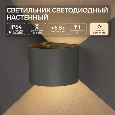 Светильник светодиодный настенный FSD-005, 6 Вт, 450 Лм, 3000К, IP54, 220 В, металл, серый
