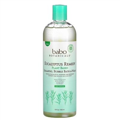 Babo Botanicals, Eucalyptus Remedy, Plant Based 3-In-1 Shampoo, Bubble Bath & Wash, 15 fl oz (450 ml)