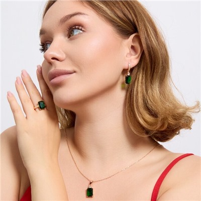 Комплект ювелирной бижутерии коллекция "Дубай" серьги, кулон и кольцо 19 р, покрытие позолота, вставка: фианит, цвет: изумрудный,Уценка,  арт.08.4029-19 (313.182-19 )
