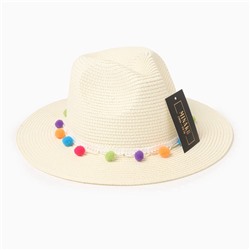 Шляпа женская с бомбошками, размер 54-56, белая, целлюлоза 100%