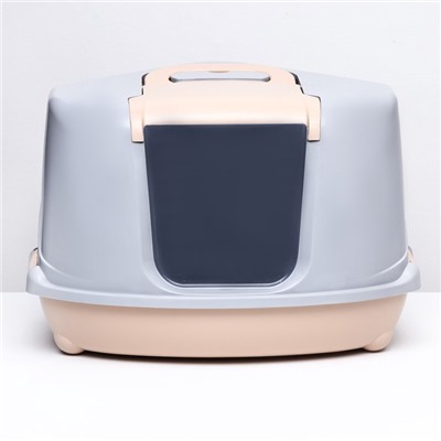 Туалет-домик угловой для кошек закрытый с дверцей 57×46×37 см, бежево-серый