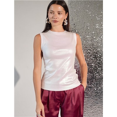 Топ с закрытым декольте из хлопка с эластаном в рубчик с матовым покрытием металлик