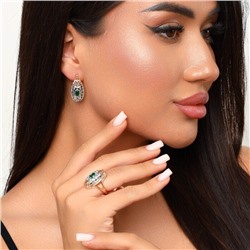 Комплект ювелирной бижутерии Дубайское золото серьги и кольцо, двойное покрытие посеребрение и вставка позолота, вставка: фианиты, цвет: зеленый, р-р 18, 1550, арт.214.526-18