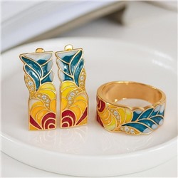 Комплект ювелирной бижутерии коллекция "Дубай" серьги и кольцо 18 р, покрытие позолота, вставка: эмаль и цирконы, цвет: разноцветный и прозрачный, арт.313.328-18