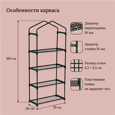 Парник-стеллаж, 4 полки, 160 × 70 × 30 см, металлический каркас d = 16 мм, чехол плёнка 80 мкм, Greengo